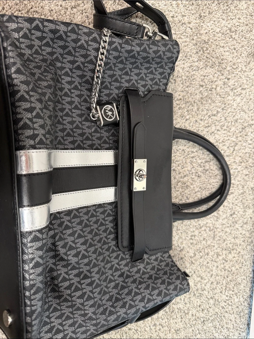 Michael Kors Black & Silver Signature Satchel with Stripe Detail